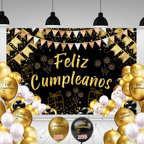 Pancarta feliz aniversário 110 x 180 cm + 20 balões | cartaz decoração festa adulto homem mulher | Photocall aniversário preto e dourado | pano de fundo com corda, ornamentos e decoração