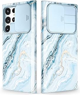 GVIEWIN Designed for Samsung S22 Ultra Case Galaxy with Slide Camera Cover, [Military Grade Drop Protection] Marble Slim Fit Shockproof Protective Phone Case for S22 Ultra 5G 6.8" 2022, Seasalt/Blue