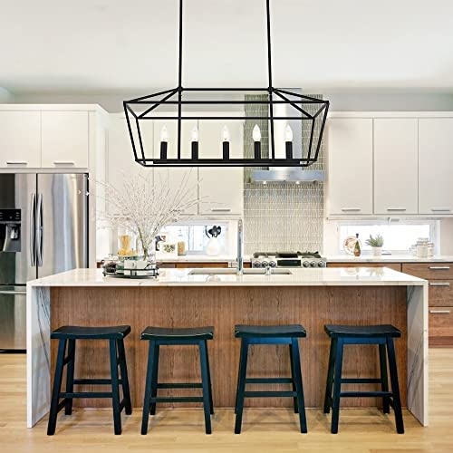 Melucee Farmhouse Chandeliers For Dining Rooms Black, 5-Light Industrial Pendant Lighting For Kitchen Island Candle Rectangle Chandelier Light Fixture Linear Lights, E12 Base #TOP1