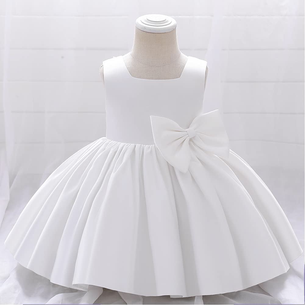 Flower Girl Dress for Wedding Kids Toddler Sleeveless Satin Bowknot Tulle Tutu Princess Dresses Bridesmaid Baptism Christening First Communion Pageant Birthday Party Prom Gown White 12-18 Months