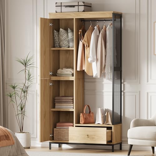 78.9" Armoire Wardrobe Closet with Shelves and Hanging Rod, Large Fixed Compartment for Bedding & Luggage, Open Design of the Hanging Area, Metal Fram