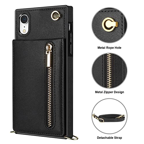 Vofolen For Iphone Xr Case Zipper Wallet Cover With Credit Card Holder Lanyard Crossbody Strap Women Girls Leather Magnetic Clasp Kickstand Heavy Duty Protective Square Flip Cover 6.1 Inch Black #TOP3