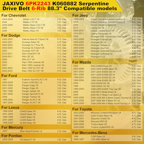 Image of 6PK2243 Serpentine Belt V-Ribbed Drive Belt for 04-06 Malibu 3.5L,06-09 Fusion,09-12 Liberty 3.7L,01-06 LS430,00-06 TJ Wrangler,03-09 4Runner,01-08 Sequoia 4.7L,Replace K060882,1060883