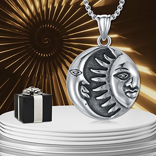 Swordgod Sun And Moon Necklace Stainless Steel Vintage Moon Sun Face Pendant Necklace With 22+2 Inch Square Rolo Chain Sun Moon Jewelry Birthday Christmas Gift For Men Boy Husband Brother #TOP4