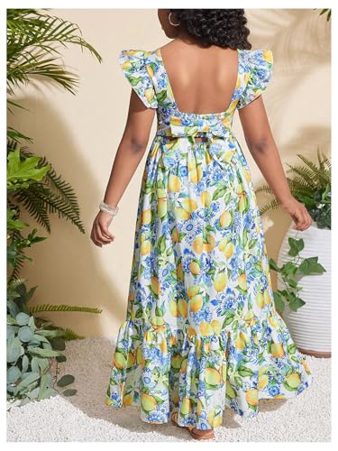 Girl's Lemon Floral Maxi Dresses Bow Back Ruffle Cap Sleeve Boho Flowy Summer Dresses2