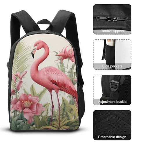 3 Piece Backpack for Women Men Lightweight Causal Daypack Shoulder Bag Set with Insulated Lunch Bag And Pencil Case Organizers Flamingo And Leaves3
