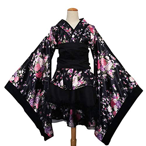 Floral Short Kimono Robe V-Neck Japanese Traditional Yukata Asia Skirt Top Set Geisha Coplay Fancy Dress (XL, Black) - Thumbnail 3