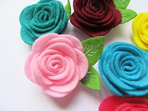 Image of YYCRAFT 24 Pcs 2 inch Felt Rosette with Leaf,Felt Rose Flowers Applique for DIY Headband Hair Accessory Craft(Mix Colors)