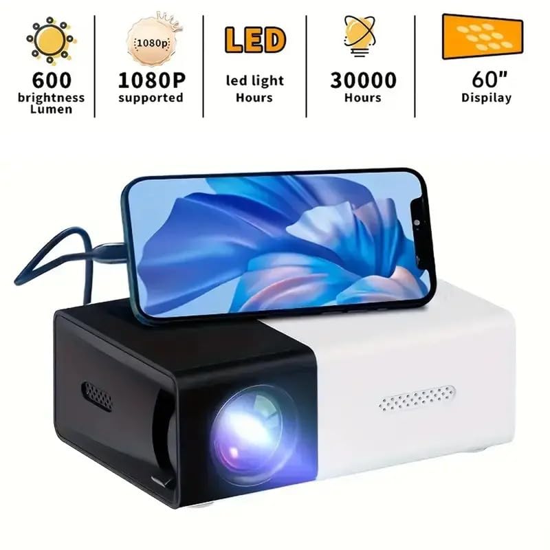 Mini projecteur portable, HD 720p, double haut-parleurs, écran 130 pouces pour home cinéma et bureau