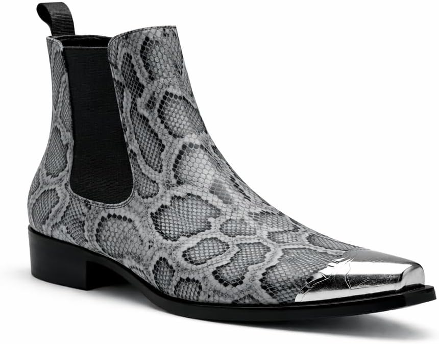 Men's Snake Print Chelsea Boots with Metal Pointed Toe, Slip-On Western Dress Ankle Boots for Party, Concert & Casual Wear