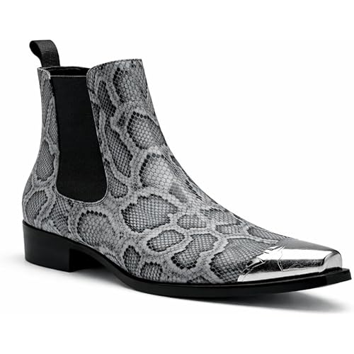 Men's Snake Print Chelsea Boots with Metal Pointed Toe, Slip-On Western Dress Ankle Boots for Party, Concert & Casual Wear
