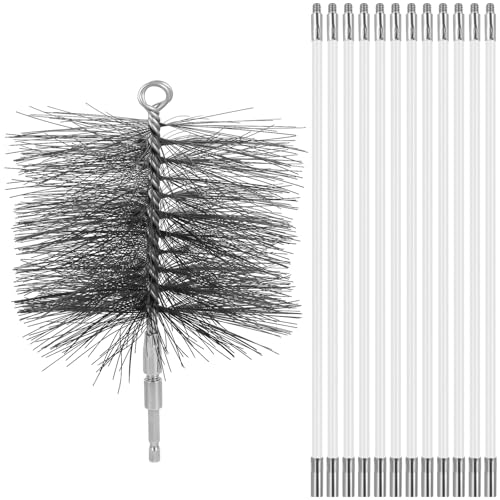 Wire Chimney Cleaning Brush with 1/4 Npt Fitting Long Tent Wood Burning Stove Pipe Cleaning Brush with 12 Flexible Rods and 6 Brush Heads for Hearth Fireplace