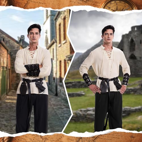 MVFEUIJ Mittelalter Herren Renaissance Kostüm Set, Viking Kostüm Schnürhemd Herren Hose mit Zubehör, Halloween-Kostüm für Cosplay, Zauberer, Maskerade (Schwarze Hosen, XL)