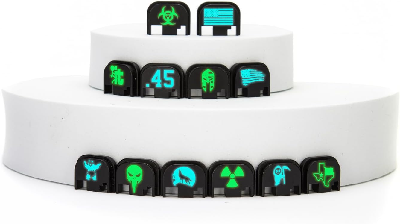 NDZ Performance Glow in The Dark Slide Cover Back Plate for Glock Gen 1–5 & 43, 43X, 48 – Anodized Aluminum with Engraved Fill, Multiple Designs & Colors