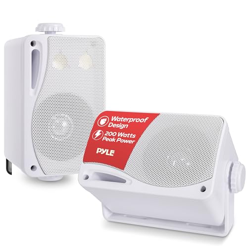 Pyle 3-Way Weatherproof Outdoor Speaker Set - 8.89cm 200W Pair of Marine Grade Mount Speakers - in a Heavy Duty ABS Enclosure Grill - Home Boat Poolside Patio Indoor Outdoor Use -PLMR24 (White)
