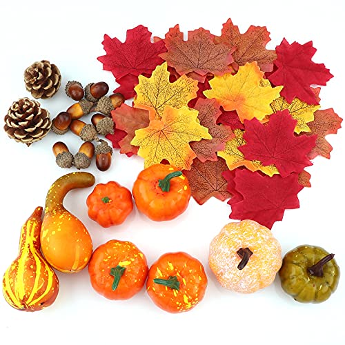 Juego de decoración de Acción de Gracias, 50 hojas de arce artificial, calabaza de cosecha, bellotas, conos de pino y calabazas para otoño, otoño y Halloween, decoración de fiesta en el hogar