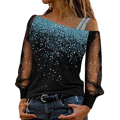 Damen Mesh Paillette Bluse Elegant Schulterfrei Flowy Oberteil Tops Print Langarm T-Shirt (F-B, S) Cover