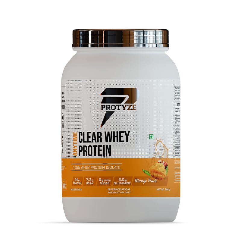 Image of Anytime Clear Whey Protein Isolate 960gm | 24g Protein Per Scoop | Mango Peach, 30 Servings | ISO & HACCP Certified | Lean Muscle Growth, Easy Digestion & Refreshing