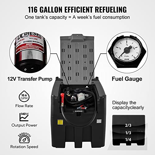 VEVOR Portable Diesel Tank, 116 Gallon Capacity & 10 GPM Flow Rate, Diesel Fuel with 12V Electric Transfer Pump and 13.1ft Rubber Hose, PE Transfer Tank for Easy Fuel Transportation, Black by VEVOR - Image 3