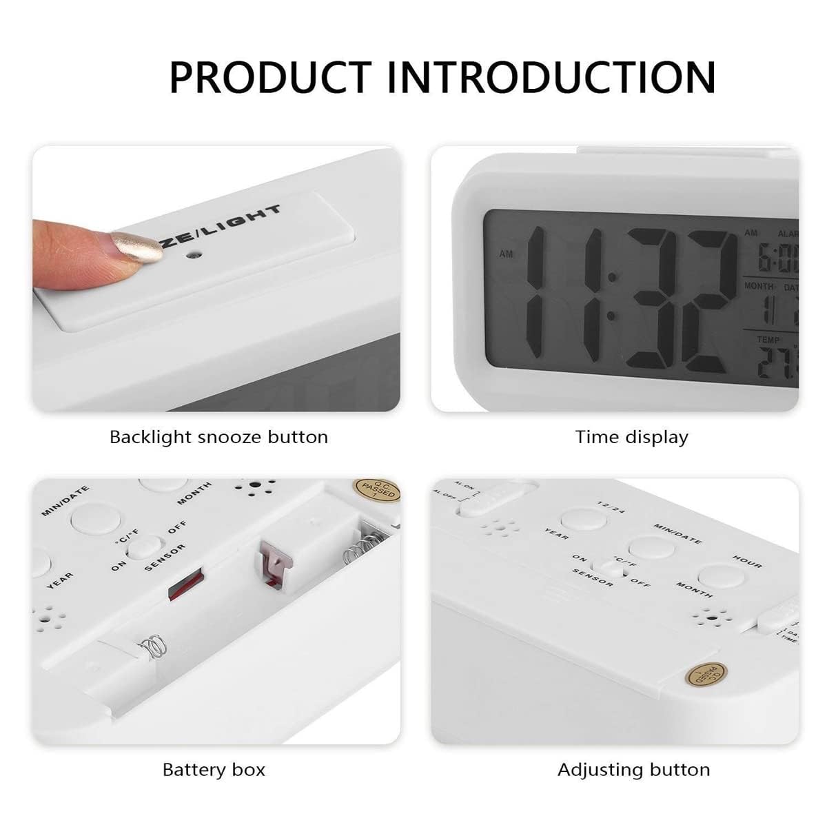 Digital Alarm Clock,Battery Operated Small Desk Clocks,with Date,Indoor Temperature,Smart Night Light,LCD Electronic Clock for Bedroom Home Office - White (KDwhite) - Image 2