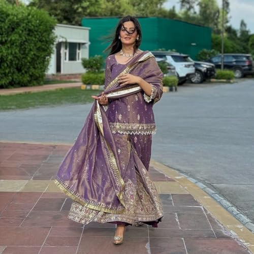 Image of Women's Designer Sharara Suit Set, Purple Silk with Zari Embroidery, Traditional 3-Piece Ethnic Wear