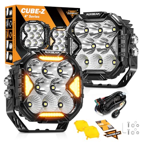 Auxbeam 4 Inch LED Driving Pod Light, Cube-Z Series 112W Cube Spot Flood Combo Beam with Amber Covers, 150° Ultra-Wide Offroad Pods 12800LM Hyper Bright with White DRL&Amber Turn Signal Ligh