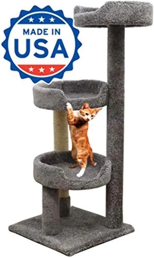 50 inch Carpet Cat Tree Scratching for Large Cats, Made in USA, Solid Wood Poles, Sisal Scratching Post, Gray Color