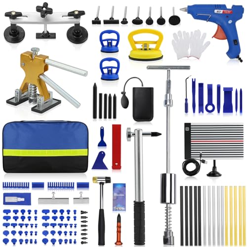 Image of 128PCS Dent Removal Kit,Paint-Safe Dent Removal Tools, DIY Dent Puller Set with Golden Lifter, T-Bar, Bridge Suction Cup Puller, Rubber Hammer & Glue Gun for Car Dent Removal