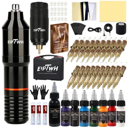 EIPTWH Tattoo Kit,Rotary Tattoo Gun Kit with Wireless Tattoo Power Supply 7 Colors 15ml Tattoo Ink Set 20pcs Tattoo Cartridges Needles Tattoo Machine Kit for Tattoo Artist