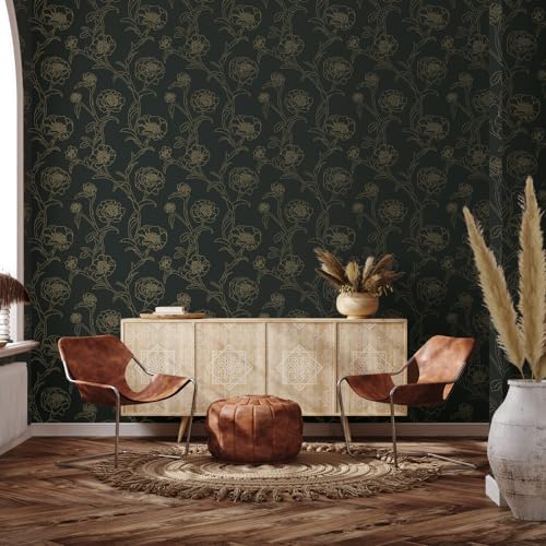 Tempaper Black & Metallic Gold Peonies Removable Peel and Stick Wallpaper, 20.5" x 33', Made in the USA by Tempaper - Used condition - Image 3