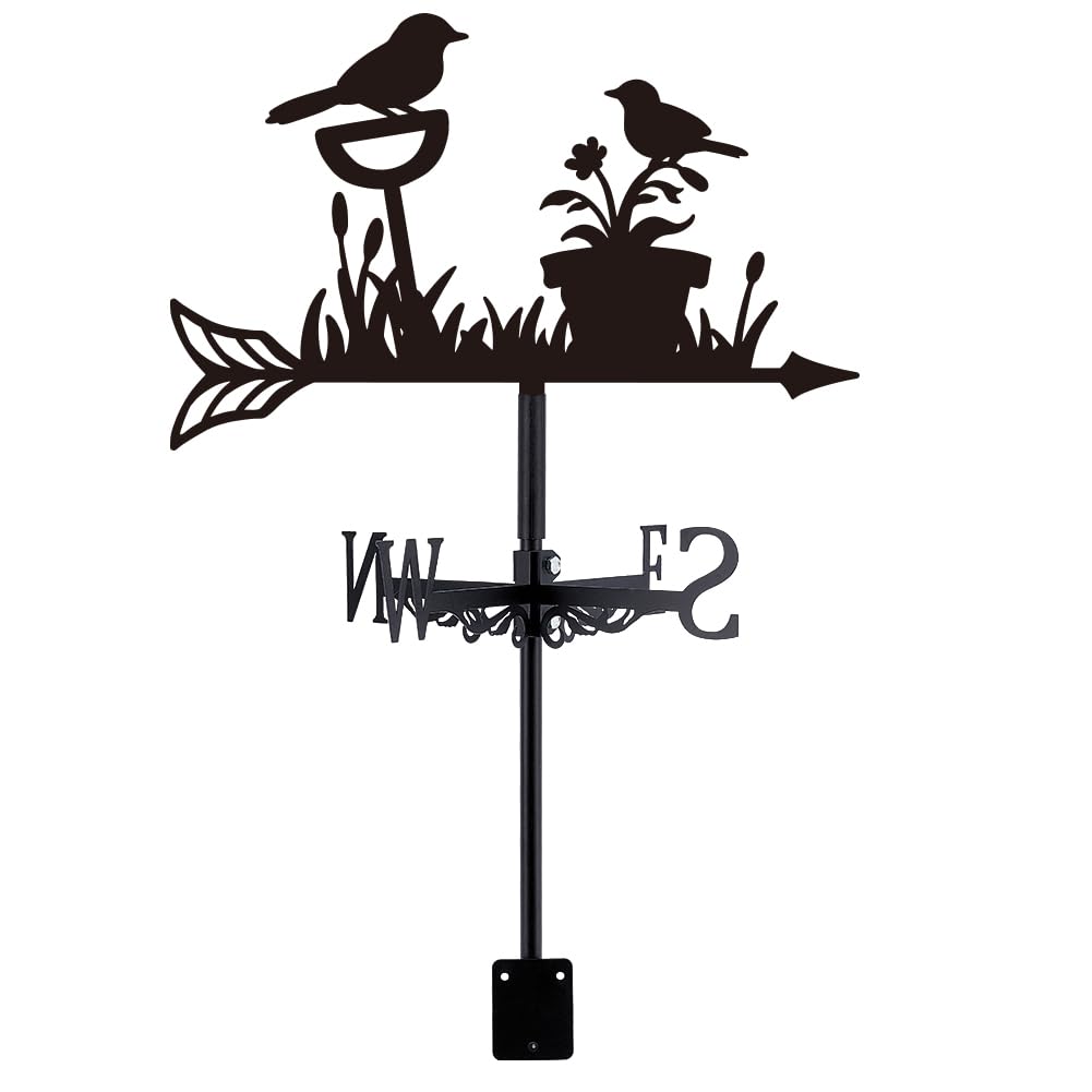 SUPERDANT Veleta para pájaros, maceta, para techo, color negro, para cobertizos, indicador de dirección del viento de metal para decoración de jardín de granja