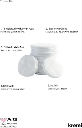 Kremi TONER PAD · Tonik Pad 60 Adet · Yaşlanma Karşıtı, Gözenek Sıkılaştırıcı · C Vitamini, Kafein, 8D Hyaluronik Asit