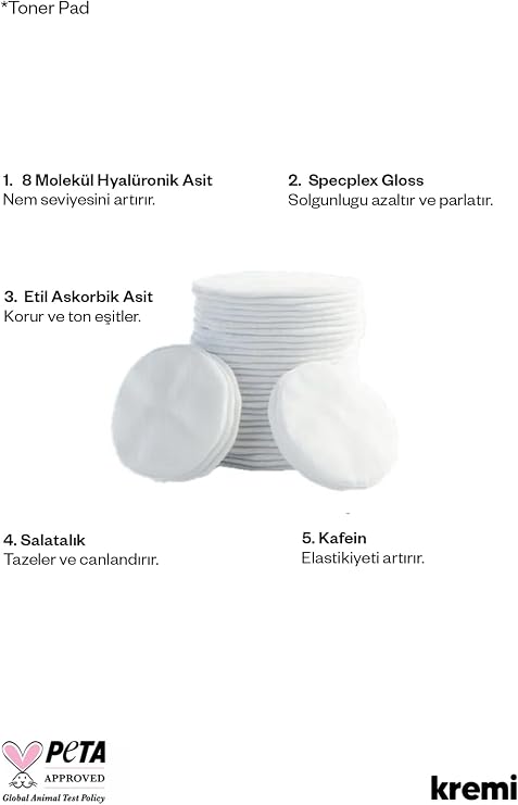 Kremi TONER PAD · Tonik Pad 60 Adet · Yaşlanma Karşıtı, Gözenek Sıkılaştırıcı · C Vitamini, Kafein, 8D Hyaluronik Asit