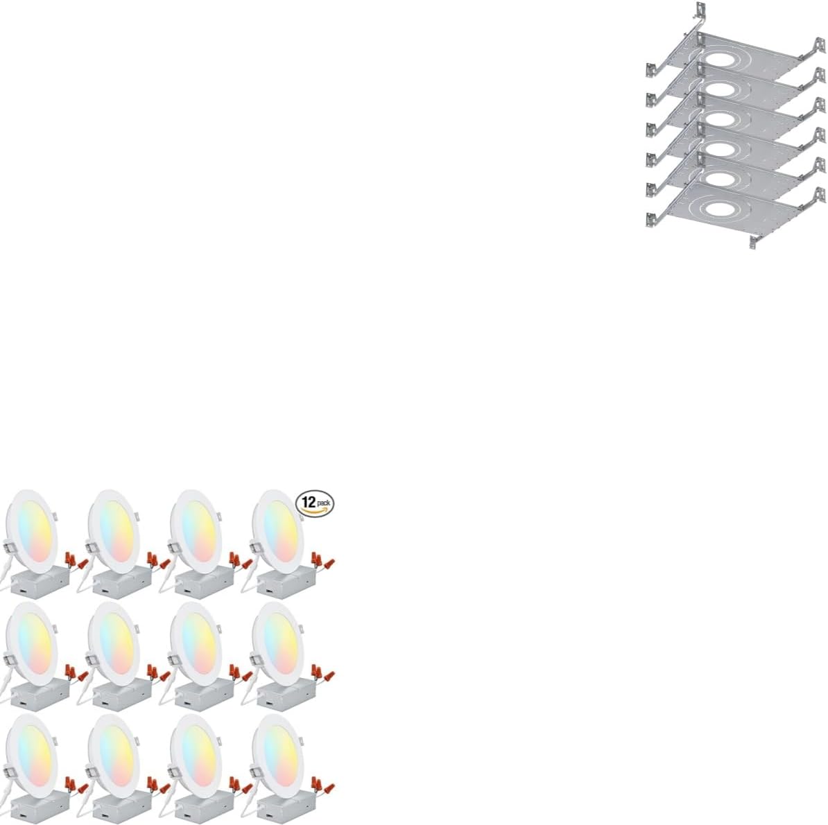 TORCHSTAR 6 Inch 5CCT LED Recessed Lighting Bundle New Construction Mounting Plate, 12 Pack Dimmable 5CCT Downlight & 6 Pack 3/4/6 Inch LED Recessed Lighting Kits