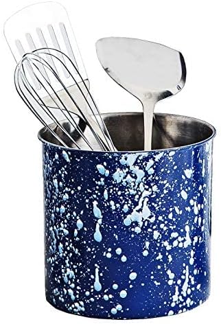 Palais Essentials Stainless Steel Kitchen Utensil Holder - Crock Organizer Caddy - Great for Large Cooking Tools (6.25" Diameter X 6.5" High, Blue Speckle)