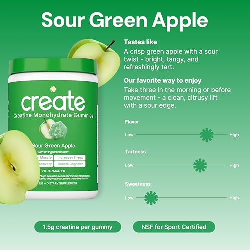 creatine monohydrate gummies for men amp women - boost focus strength and endurance anti-melting formula vegan gluten-free non-gmo 15 gram creatine per gummy sour green apple 90 ct