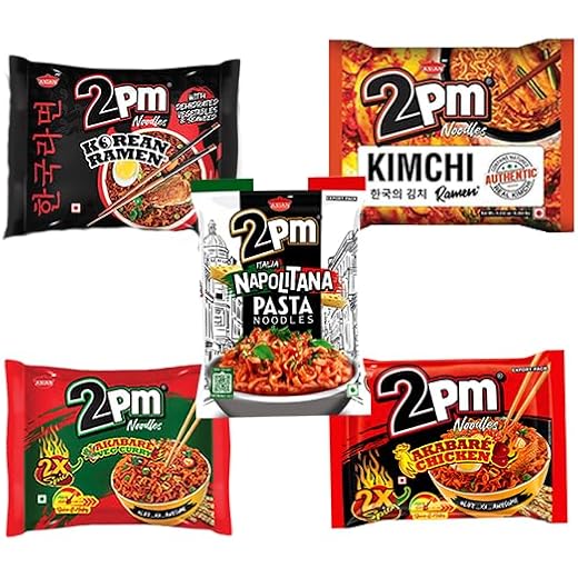 2PM 5-In-1 Noodles Pack, Includes Korean Ramen, Napolitana Pasta, Akabare Veg, Akabare Chicken, Kimchi, 550 Gm