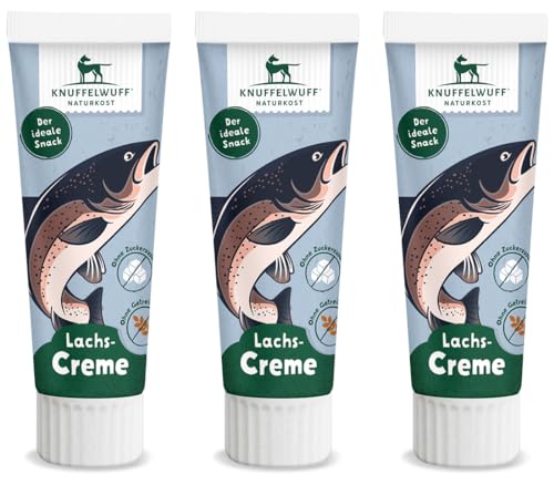 Knuffelwuff Tuben Snack - Crema al salmone, confezione da 3 pezzi, con pesce extra fresco, senza conservanti, senza aggiunta di zucchero e cereali, ideale anche per cuccioli, prodotto in Germania