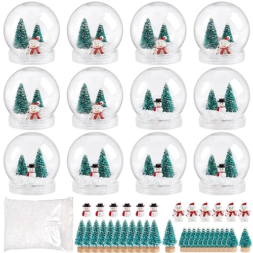 Auihiay 12 Set Clear Plastic Snow Globes Kit with Christmas Tree, Snow Flakes, Snowman for DIY Snow Globes Home Decoration Crafts