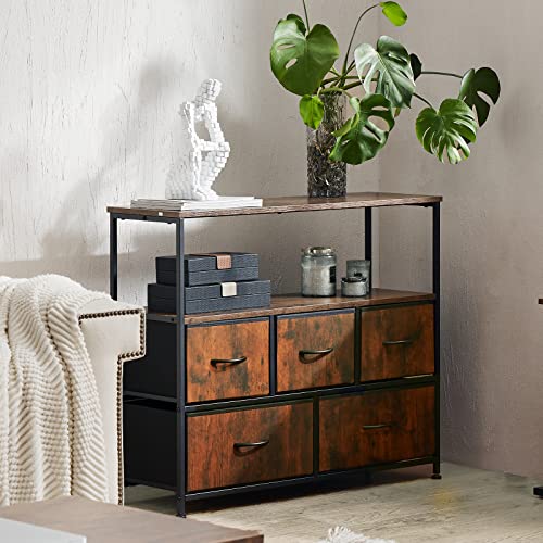 Image of NEWBULIG Dresser,Dresser with 5 Fabric Drawers,Chest of Drawers,Storage Tower, TV Stand Organizer Storage for Bedroom Living Room Hallway, Easy Pull Fabric Bins,Wooden Top, Sturdy Steel Frame,Rust