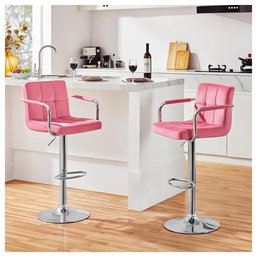 Yaheetech Counter Height Bar Stools Set of 2 Velvet Swivel BarStools for Kitchen Stool Height Adjustable Counter Stool Barstools with Armrest, Velvet, Pink