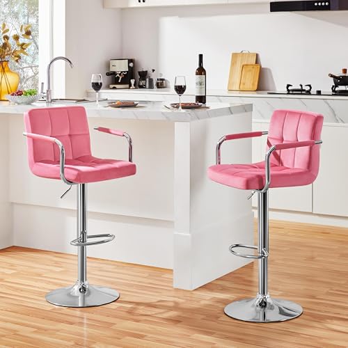 Yaheetech Bar Stools Set of 2, Adjustable Velvet Fabric Swivel Barstools, Modern Counter Stools with Back and Footrest, Counter Height Barstools for Bar, Kitchen, Dining Room, Pink