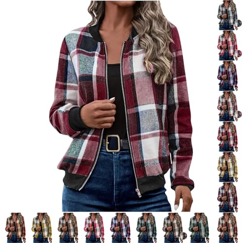 Shackets for Women Plaid Zip Up Long Sleeve Jackets Trendy Bomber Jacket Fall Winter 2025 Casual Fashion Outerwear