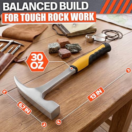 Image of Rock Pick Hammer 30 oz - One-Piece Forged Steel Geology Hammer with Pointed Pick Tip & Shock-Dampening Grip for Rockhounding, Fossil Hunting, Prospecting, Mineral Digging & Light Masonry Chipping Tool
