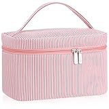 Huhumy Large Makeup Bag for Women Toiletry Bag, Aesthetic Cute Seersucker Cosmetic Pouch, Teen Gift for Her Mom Girlfriend Wife Teacher Aesthetic Skincare Brushes Storage Organizer(Rose Pink)