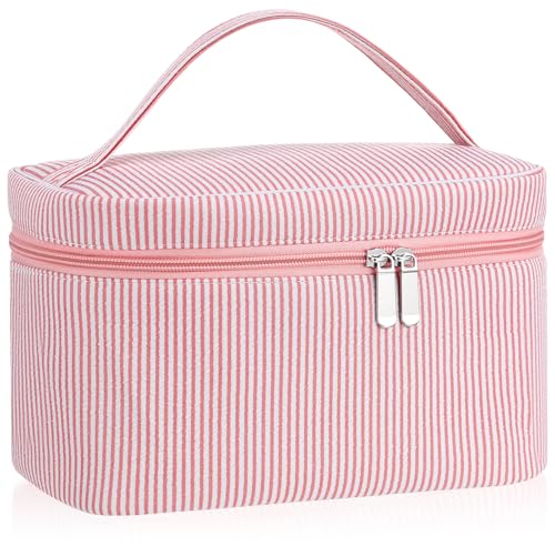 Huhumy Large Makeup Bag for Women Toiletry Bag, Aesthetic Cute Seersucker Cosmetic Pouch, Teen Gift for Her Mom Girlfriend Wife Teacher Aesthetic Skincare Brushes Storage Organizer(Rose Pink)