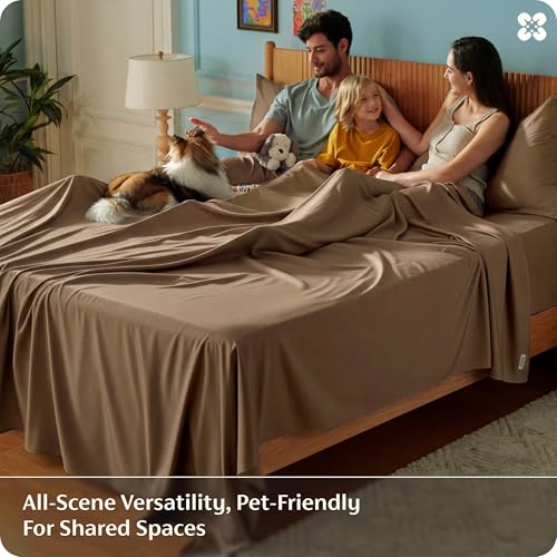 Image of Bedsure Full Size Bed Sheets, Cooling Sheets, Rayon Derived from Bamboo, PureWoven, Breathable & Soft, Deep Pocket Up to 16 Inches, Hotel Luxury Silky Bedding for Hot Sleepers, Coffee