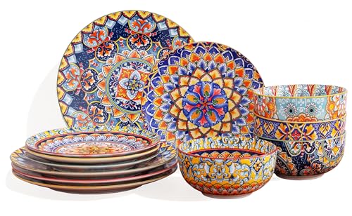 12-Piece Bohemian Porcelain Dinnerware Set for 4 Colorful Plates & Bowls