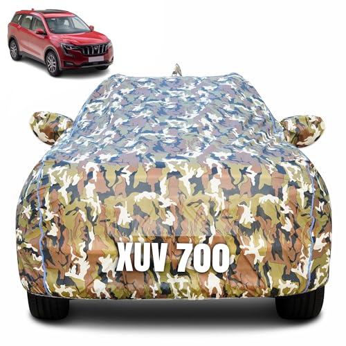 Image of 100% Waterproof Car Body Cover for Mahindra XUV 700 (2021-2025) with Mirror Pocket (Heat & UV Resistant, Triple Stitched, Soft Lining, Bottom Elastic & Piping) Camouflage, Military Print