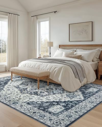 AMADA HOMEFURNISHING 8x10 Area Rug, Washable Low-Profile Large Area Rug with Non-Slip Backing & Durable Edge Binding, Vintage Large Rugs for Living Room, Bedroom